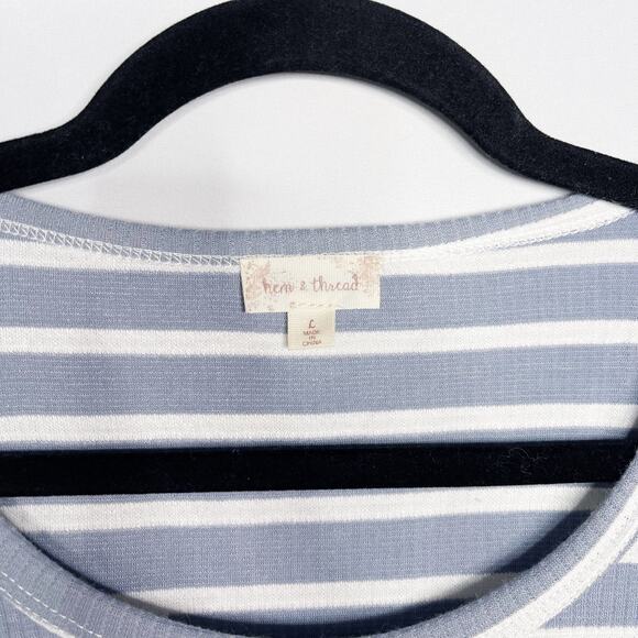 New Hem & Thread Large L Blue White Striped Long Bell Sleeve Cinch Hem Tee Top - Picture 6 of 8